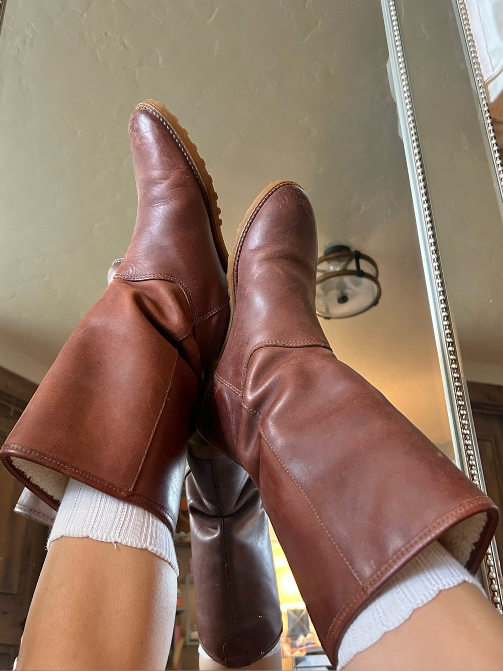 Blondo Vintage 80s Preppy Boho Brown Leather + Shearling Mid Calf Boots Size 7
